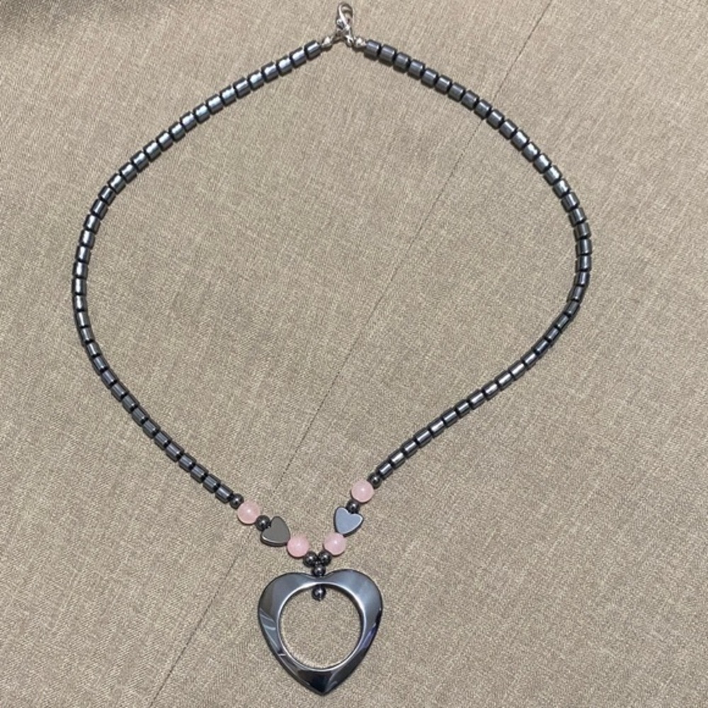 Vintage Hematite Open Heart Necklace Beaded Chain